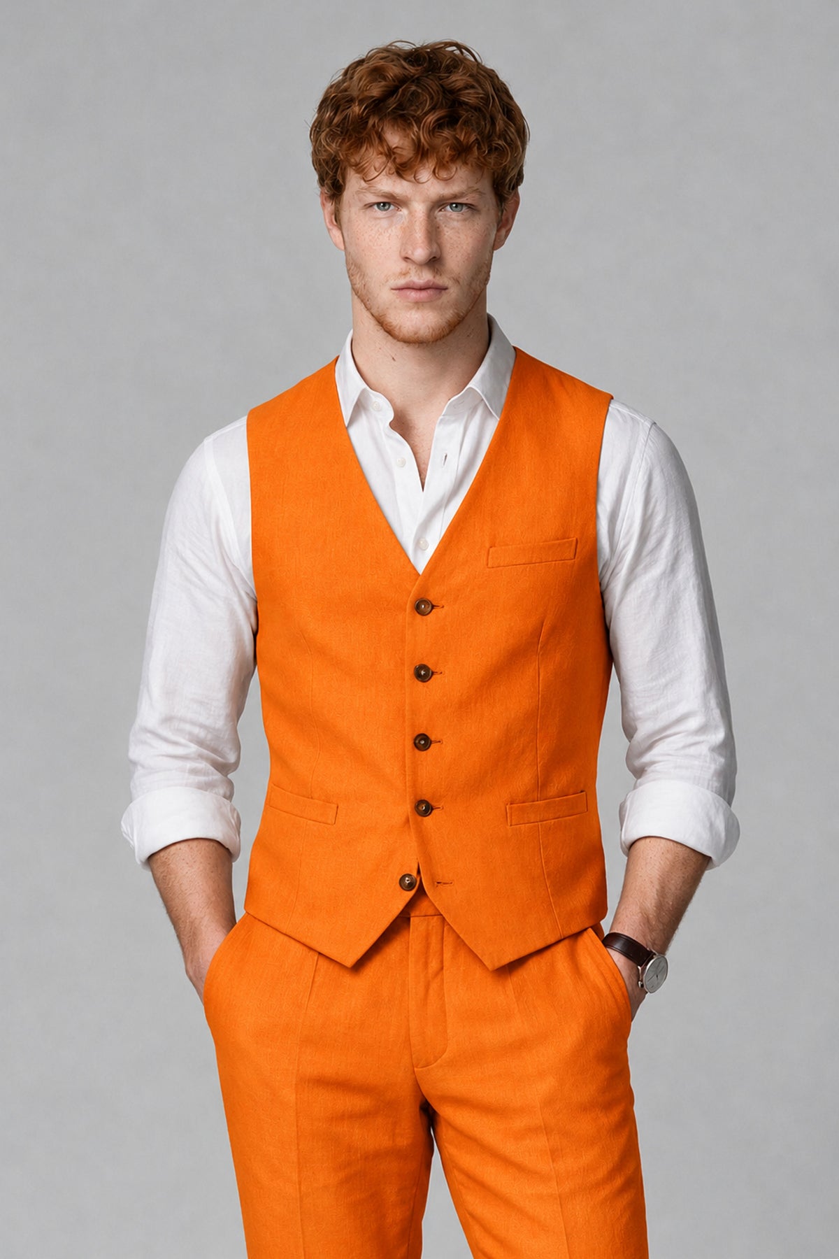 Bolodoo Men's Orange 2-Piece Vest and Pants Set with V-Neck Waistcoat - Orange - Orange_1