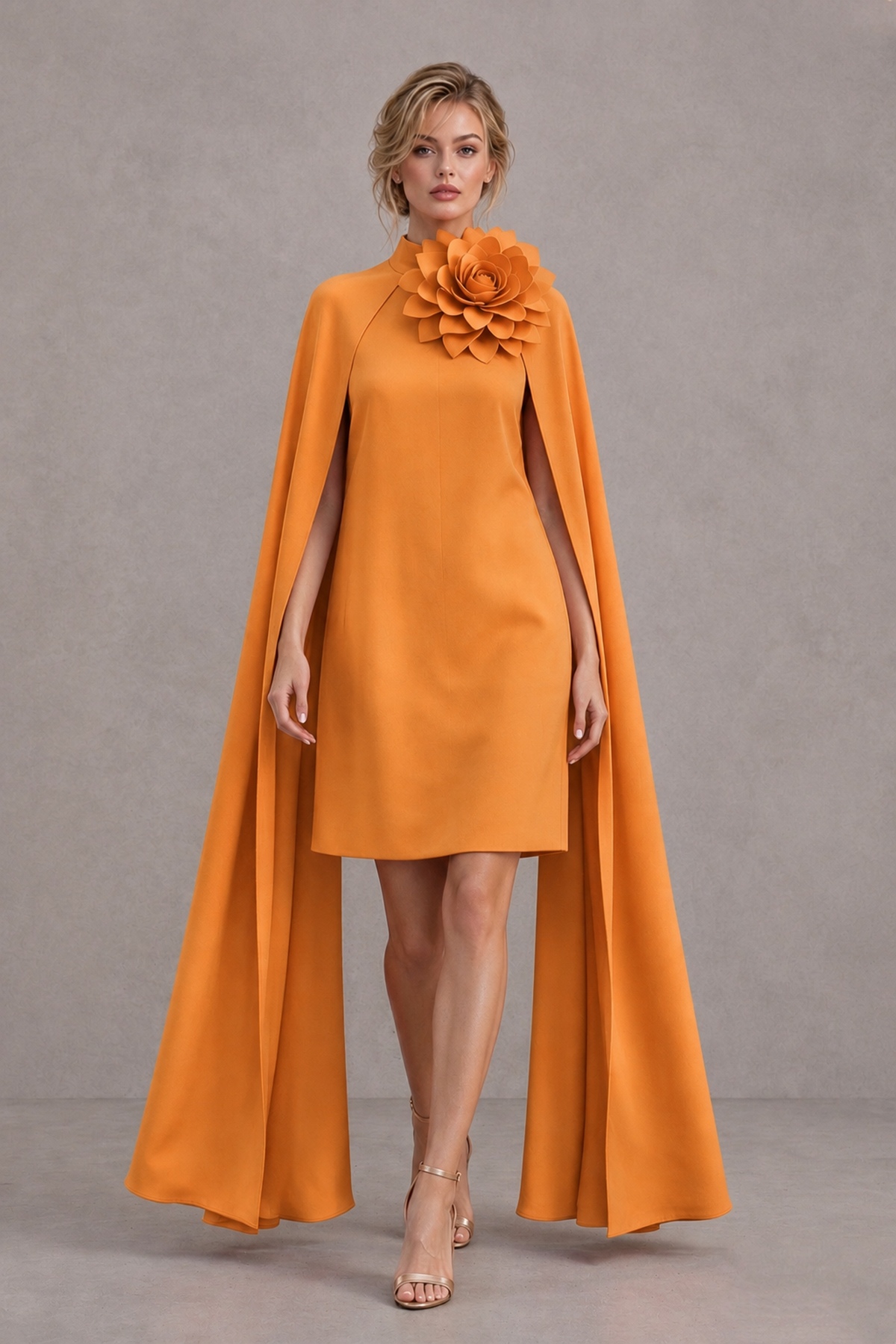 BOLODOO Orange High Neck Floral Cape Mini Cocktail Dress - Orange - Orange_1