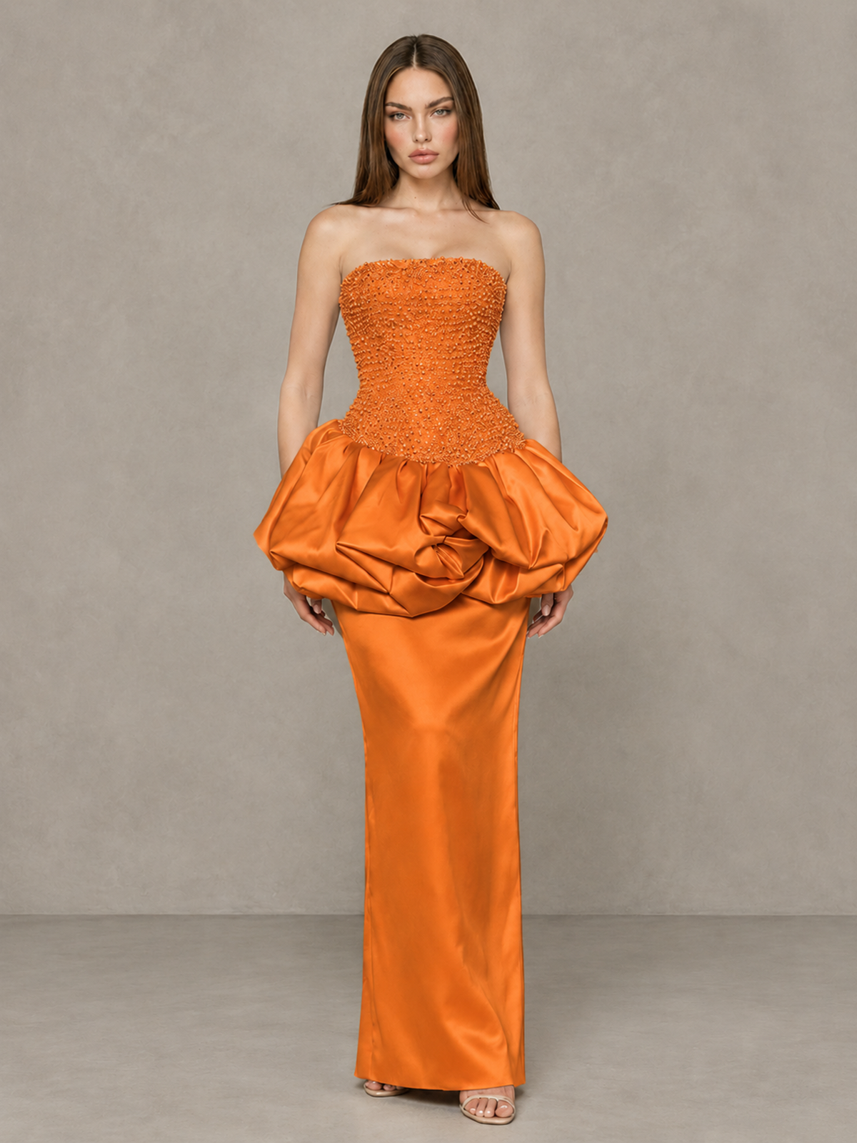 BOLODOO Orange Strapless Embellished Bubble Peplum Evening Dress - Orange - Orange_1