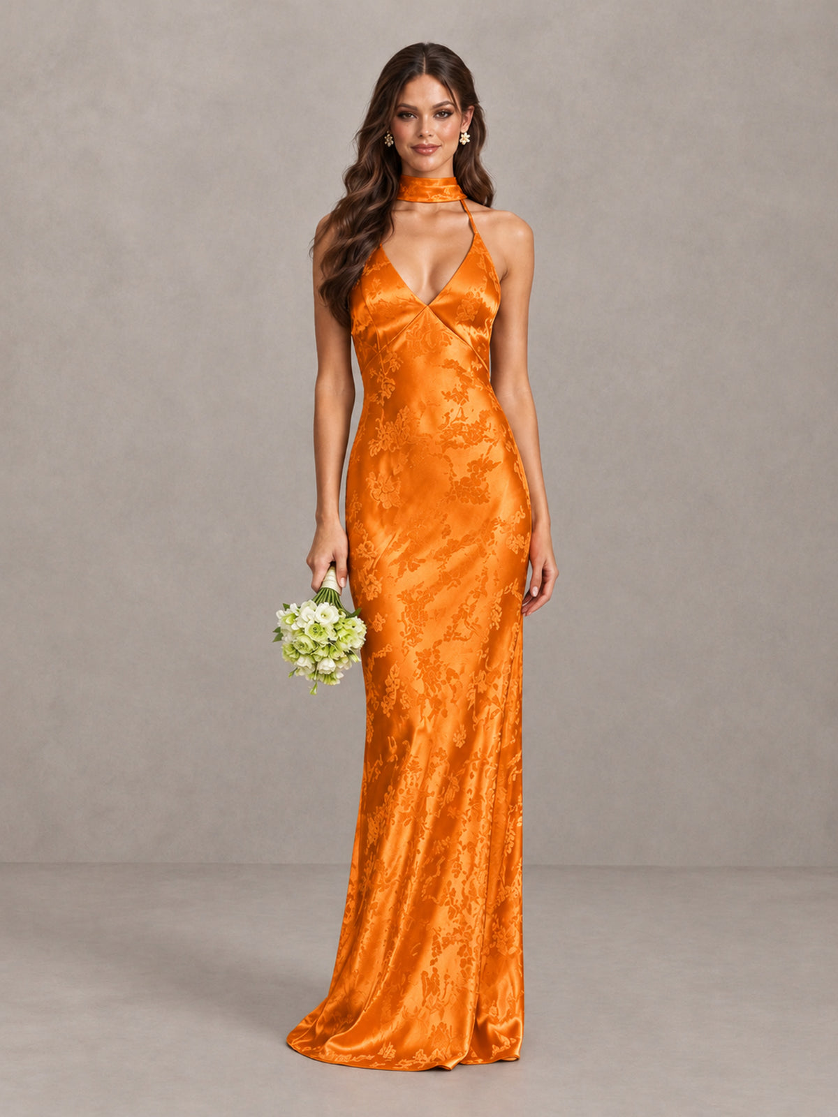 BOLODOO Orange Floral Satin Open-Back Bridesmaid Dress - Orange - Orange_1