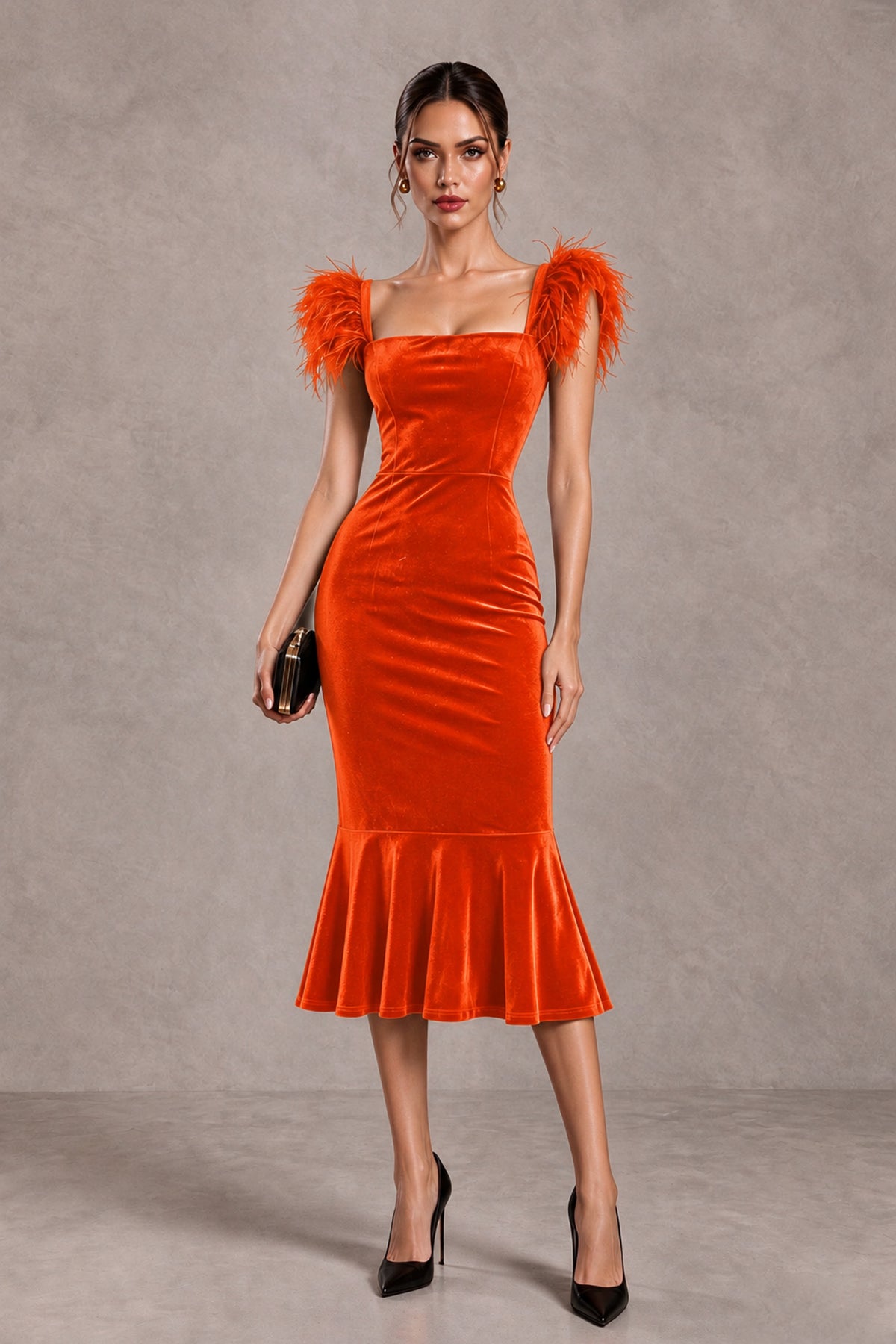 BOLODOO Orange Feather-Trim Velvet-Look Mermaid Midi Dress - Orange - Orange_1