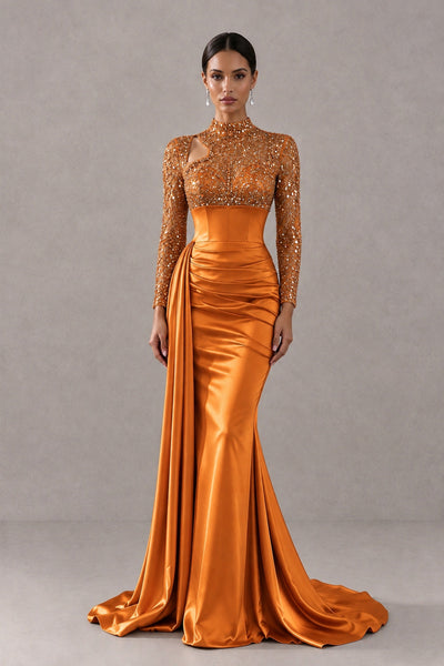 BOLODOO Orange Long Sleeve Embellished Satin Mermaid Evening Gown - Orange - Orange_1