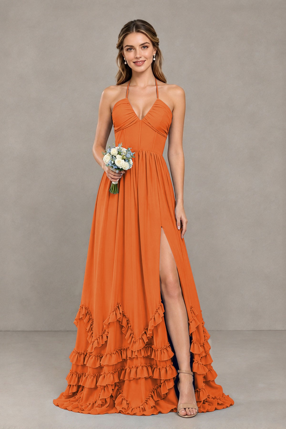 BOLODOO Orange Halter Ruffle Hem A-Line Bridesmaid Dress with High Slit - Orange - Orange(1)