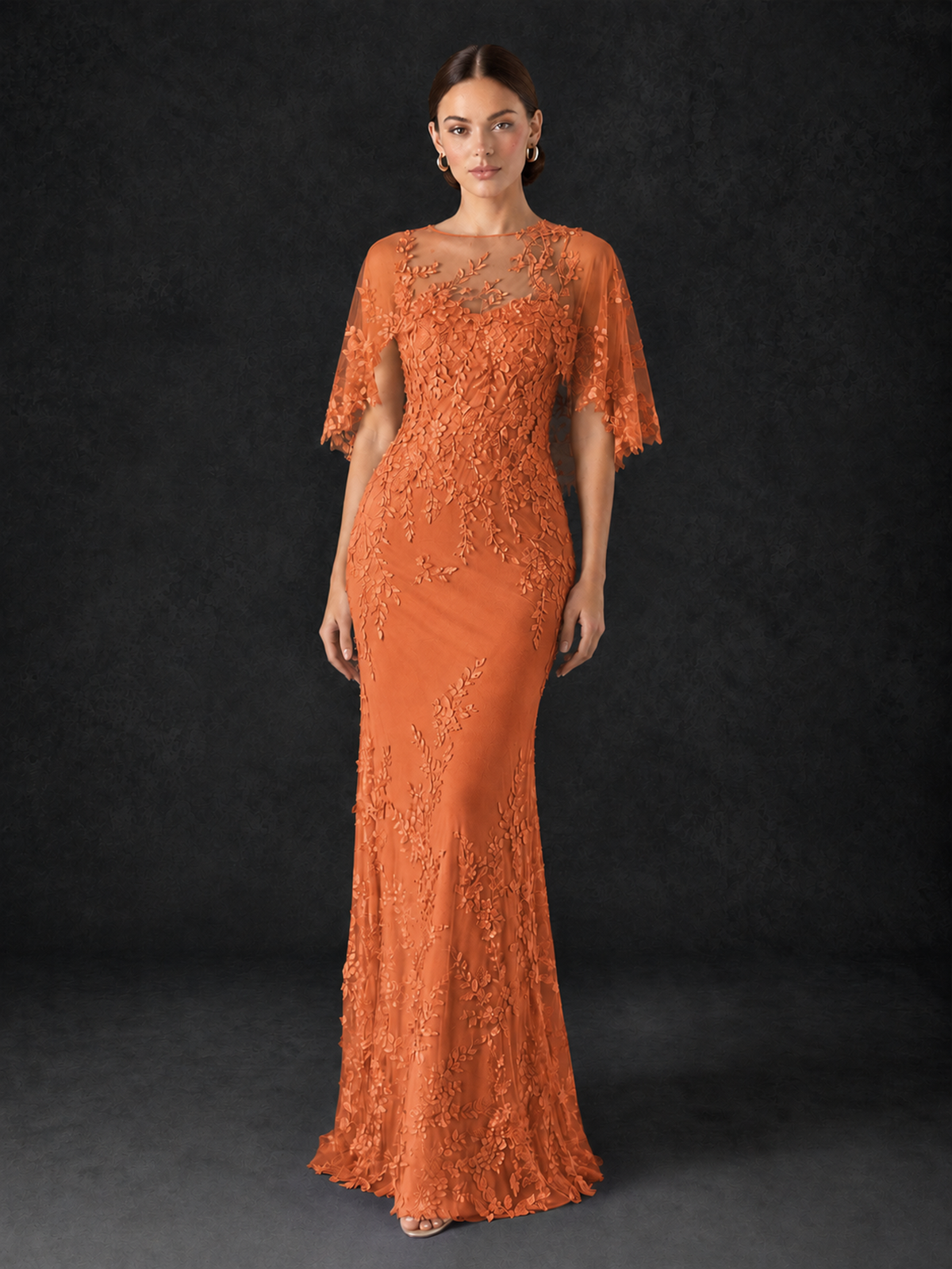 BOLODOO Orange Botanical Lace Flutter Sleeve Mermaid Gown - Orange - Orange_1