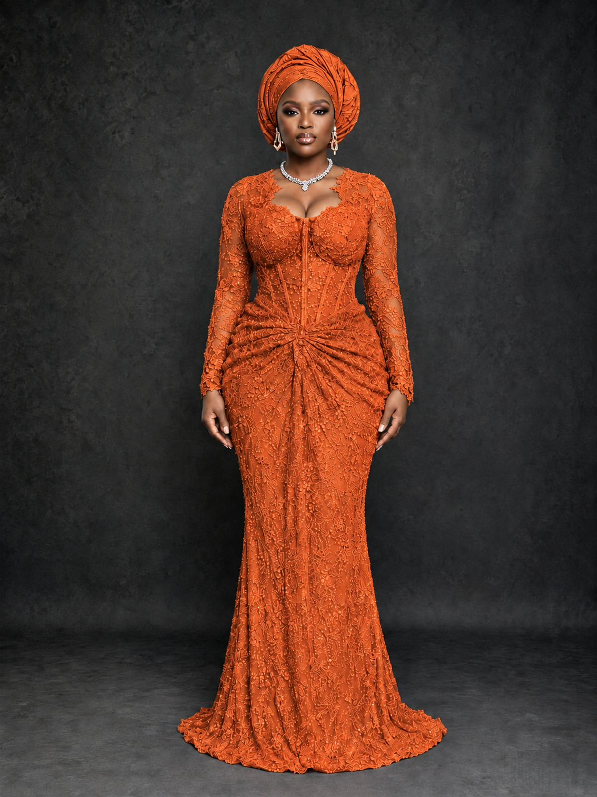 BOLODOO Orange Beaded Lace Long Sleeve Mermaid Gown Sweetheart | Mother of the Bride - Orange - Orange_1