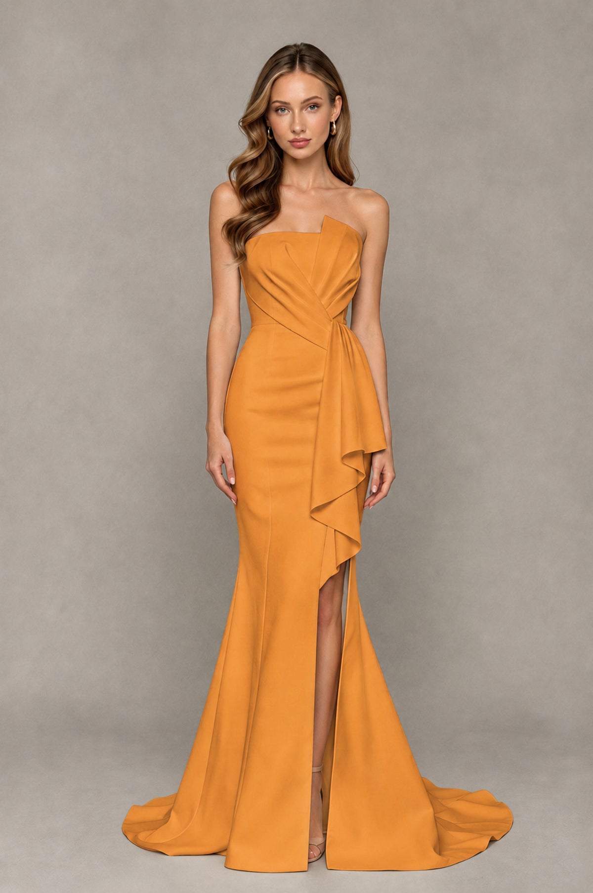 BOLODOO Orange Strapless Mermaid Evening Dress with Ruffle Slit and Train - Orange - Orange_1