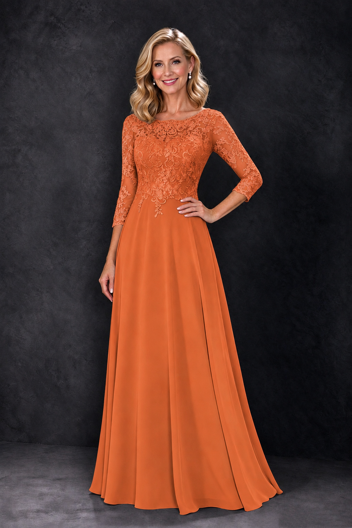 BOLODOO Orange Lace Embroidered Mother of the Bride Dress with 3/4 Sleeves - Orange - Orange_1
