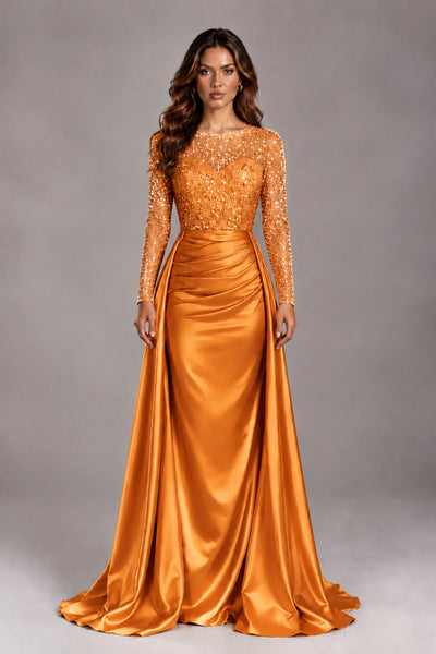 BOLODOO Orange Long Sleeve Embellished Satin Evening Gown with Sweep Train - Orange - Orange_1
