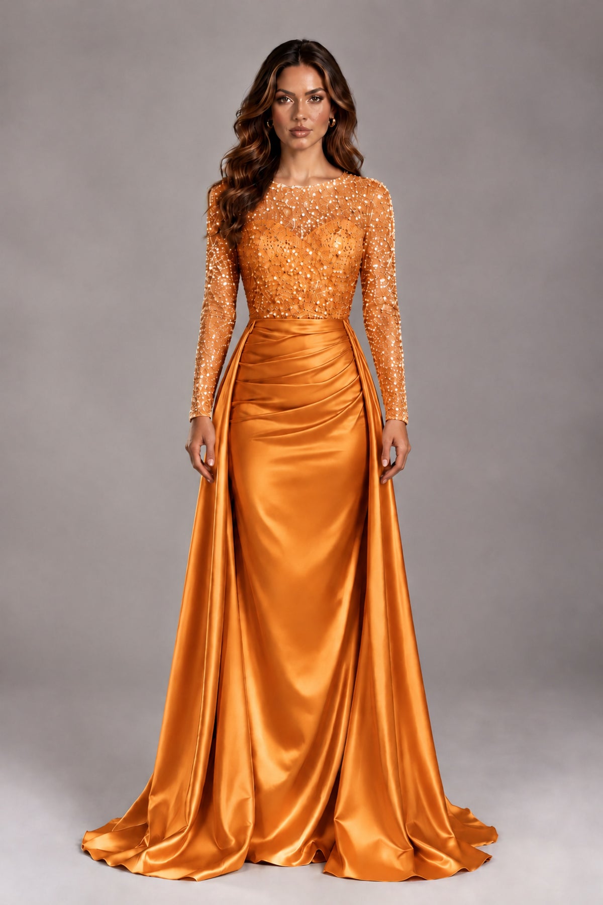 BOLODOO Orange Long Sleeve Embellished Satin Evening Gown with Sweep Train - Orange - Orange_1