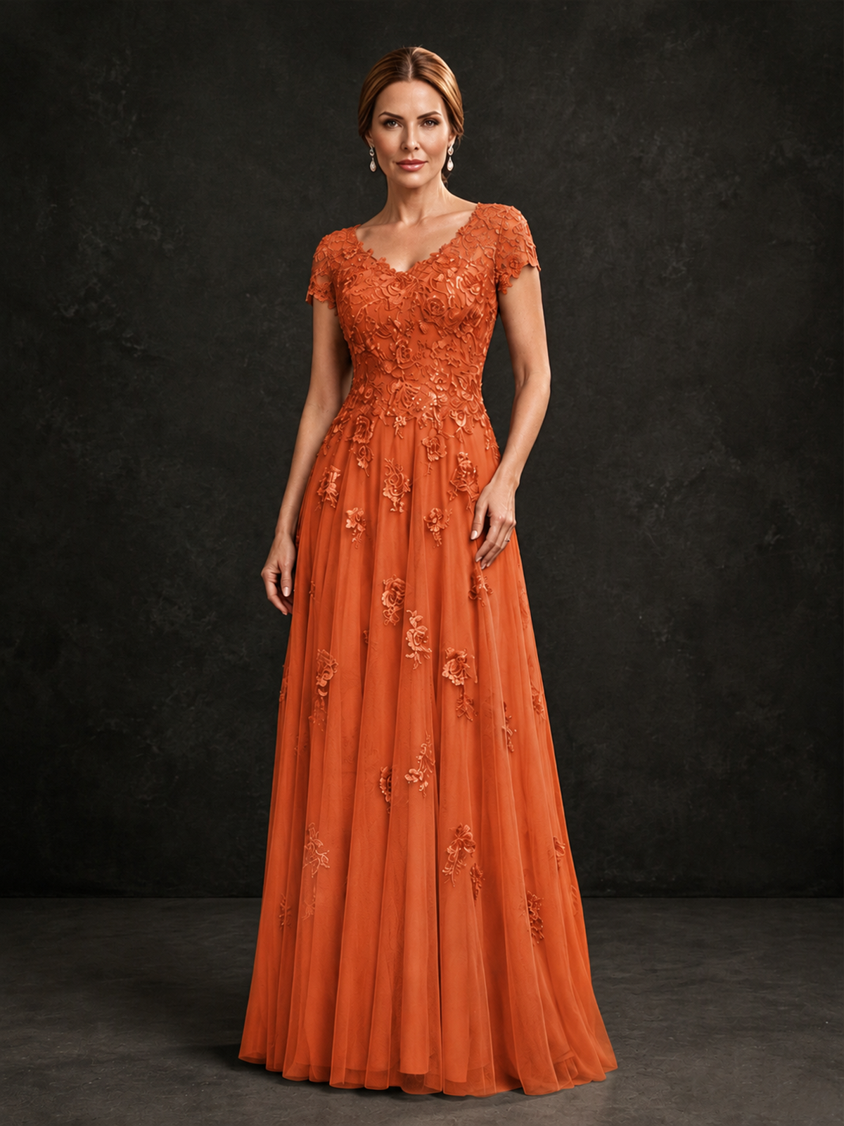 BOLODOO Orange Cap Sleeve Lace Appliqué A-Line Formal Gown | Mother of the Bride Dress - Orange - Orange_1