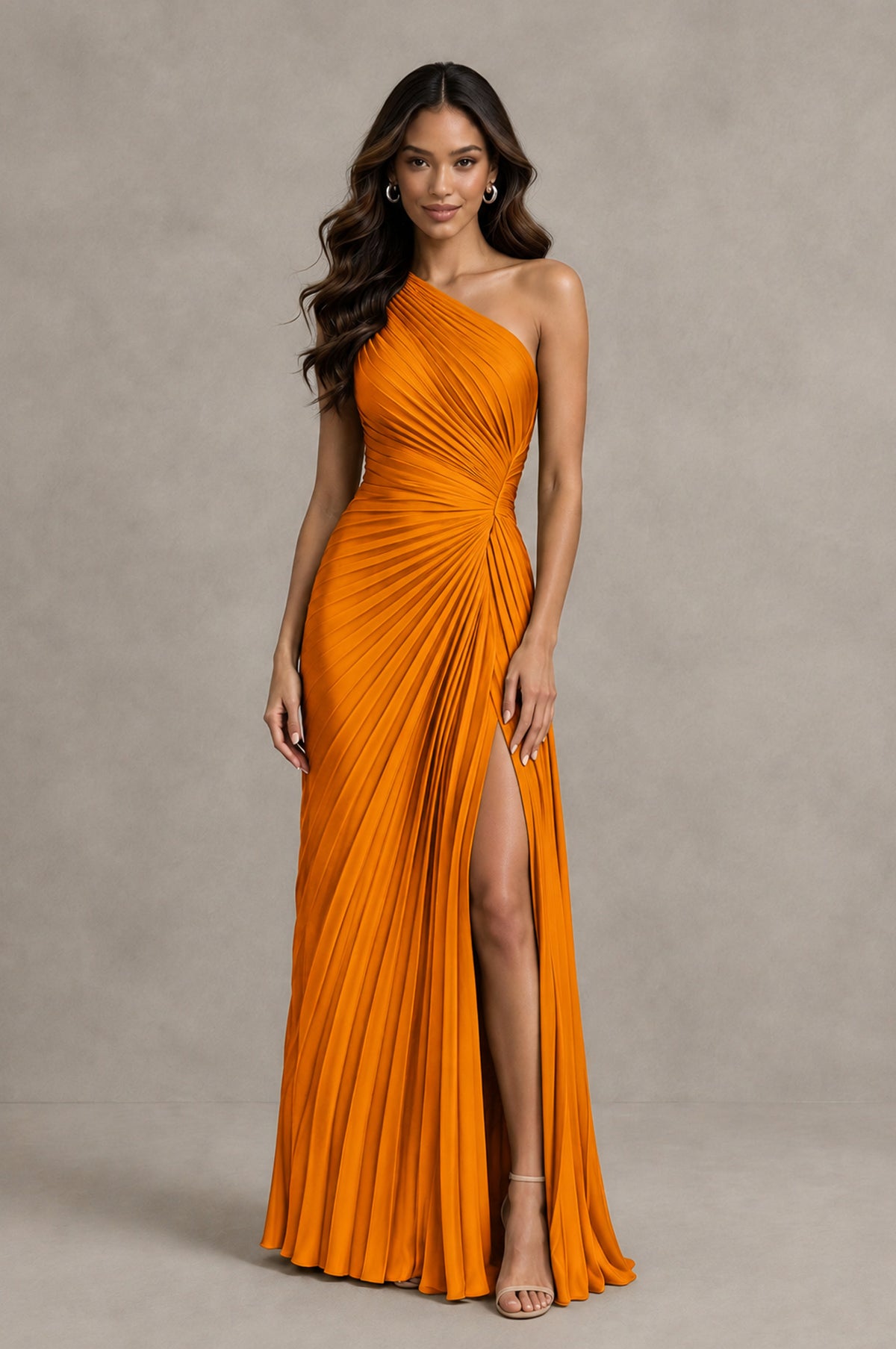 BOLODOO Orange One Shoulder Pleated Evening Dress with Ruched Waist and High Slit - Orange - Orange_1