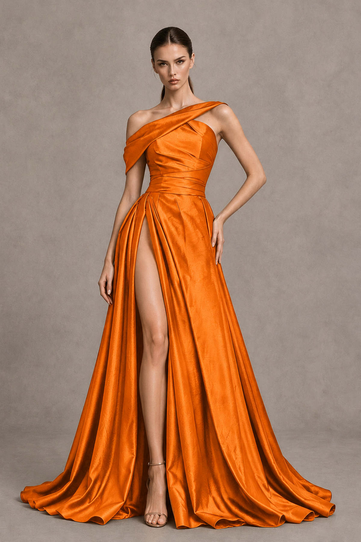 BOLODOO Orange Asymmetric Satin-Look A-Line Prom Dress with High Slit - Orange - Orange_1