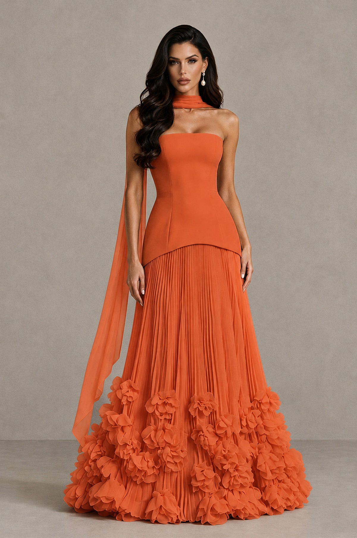 BOLODOO Orange Strapless Pleated Floral Hem Evening Gown - Orange - Orange_1