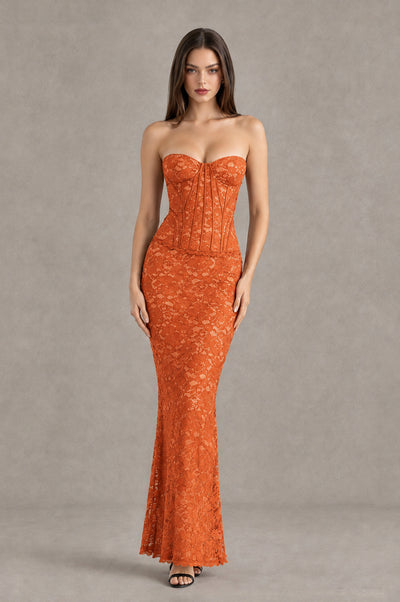 BOLODOO Orange Strapless Lace Corset Wedding Guest Dress - Orange - Orange_1