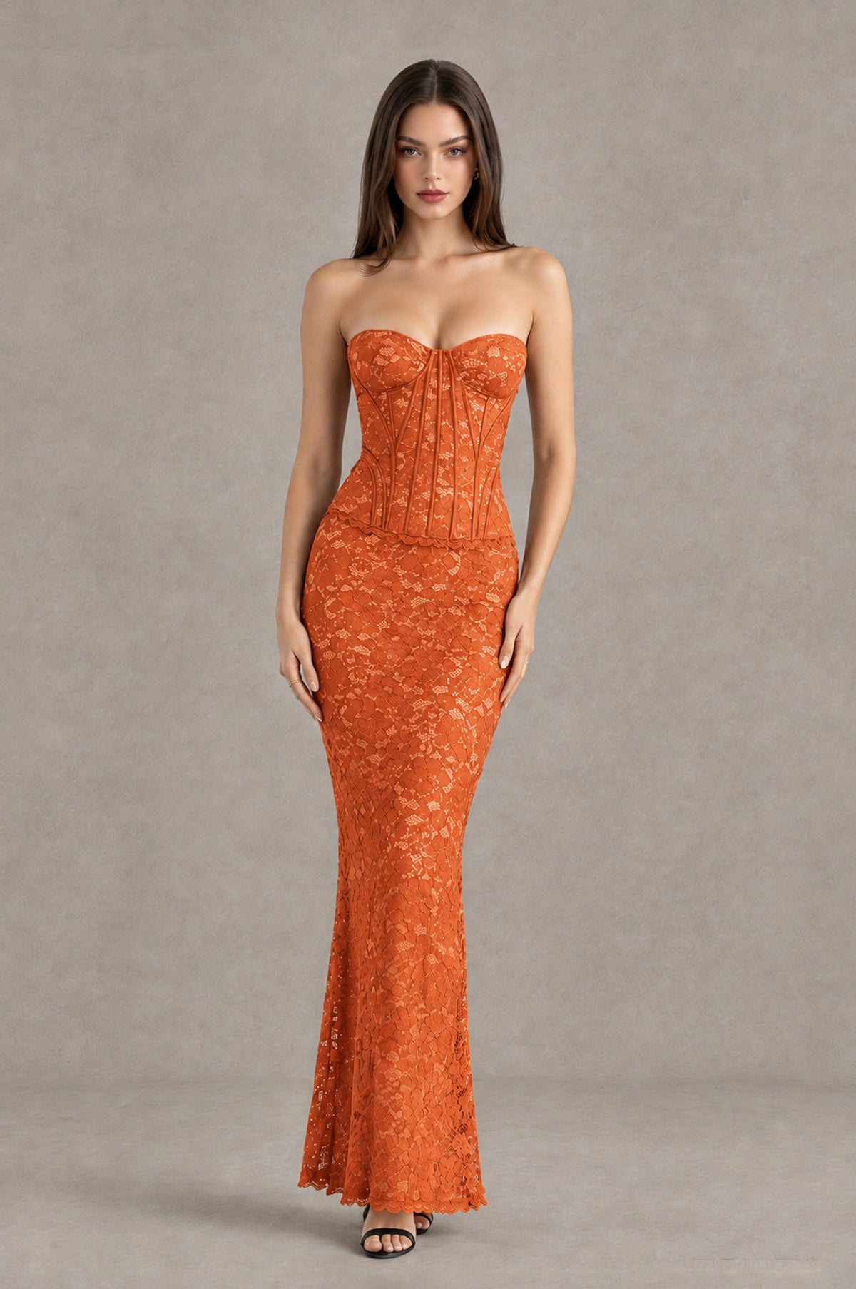 BOLODOO Orange Strapless Lace Corset Wedding Guest Dress - Orange - Orange_1