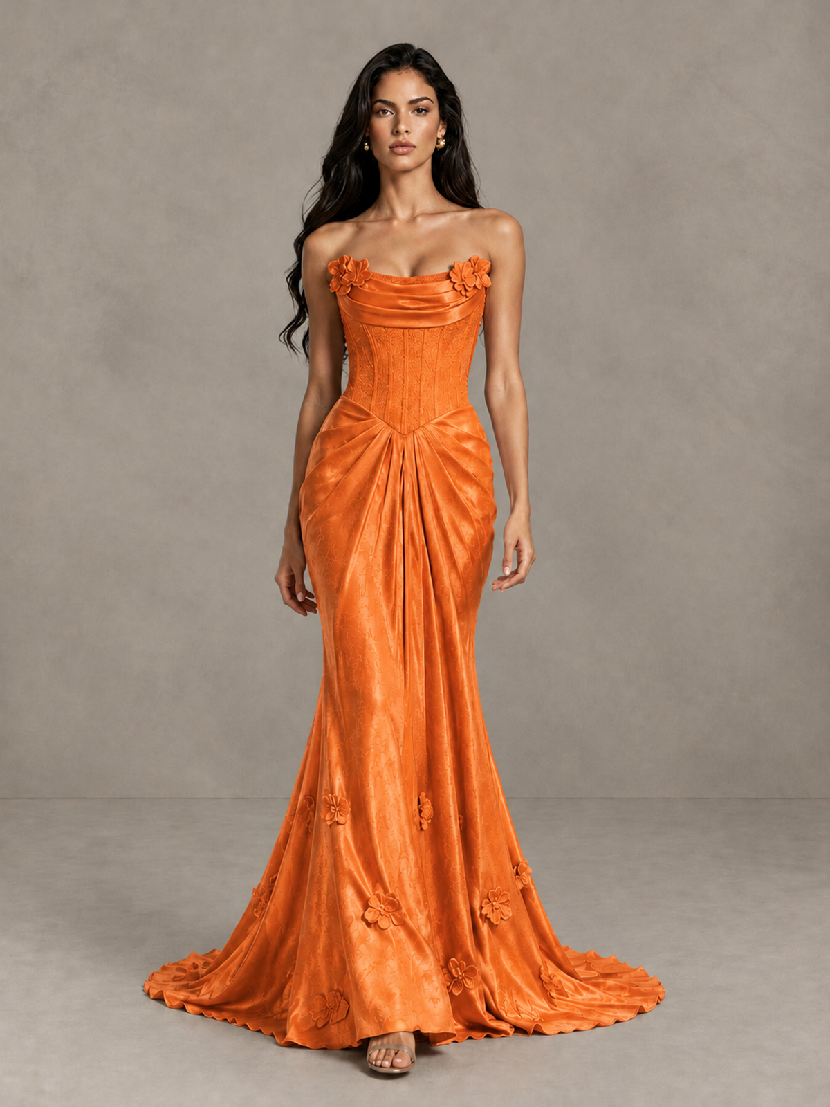 BOLODOO Orange Strapless Floral Corset Evening Gown with Train - Orange - Orange_1