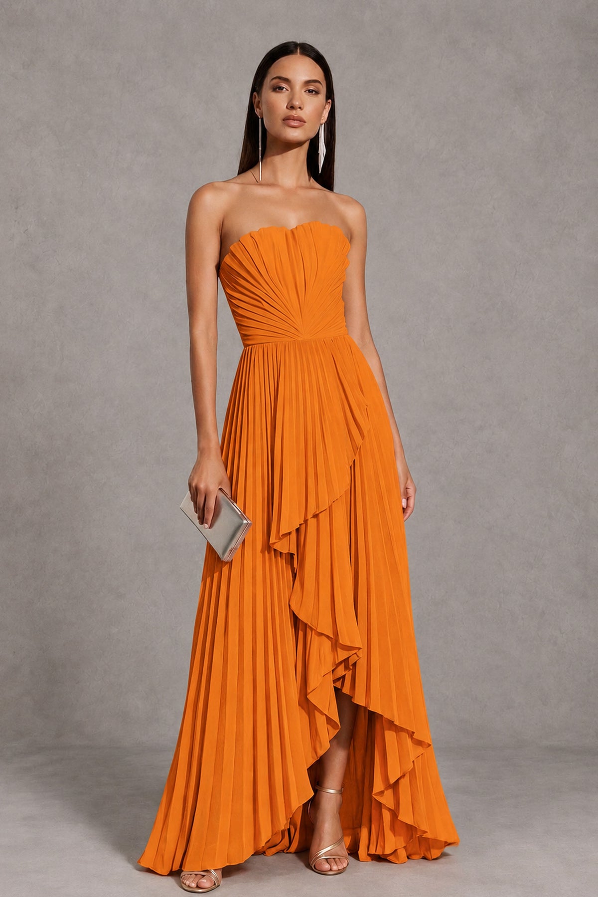 Orange Strapless Pleated High-Low Evening Gown with Ruffle Hem - Orange