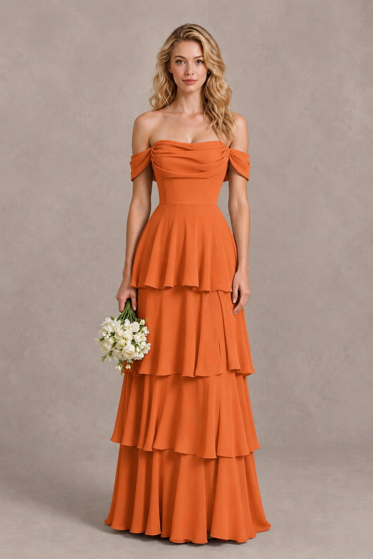 BOLODOO Orange Off-the-Shoulder Tiered A-Line Evening Bridesmaid Dress - Orange - Orange_1
