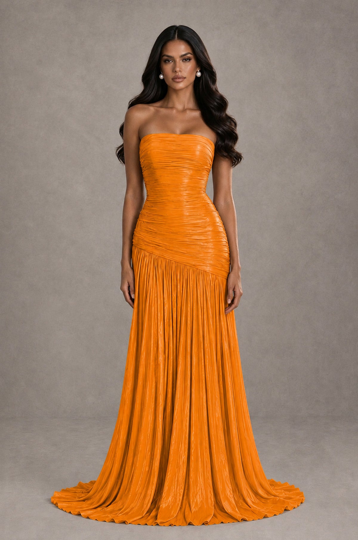 BOLODOO Orange Metallic Ruched Strapless Pleated A-Line Backless Maxi Dress with Train - Orange - Orange_1