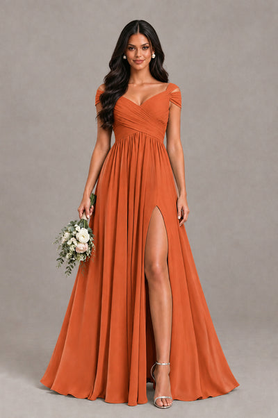 BOLODOO Orange Cold Shoulder Chiffon Evening Dress with V Neck and High Slit - Orange - Orange_1