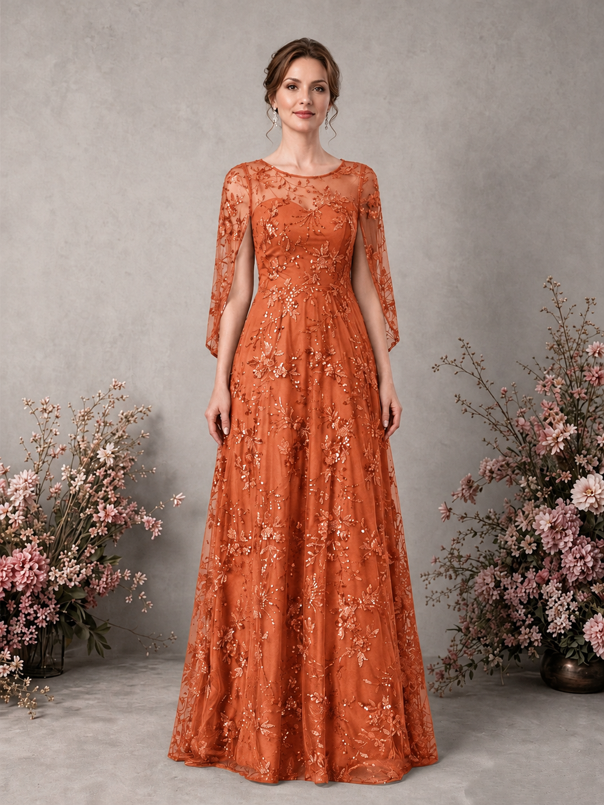 BOLODOO Orange Sequin Lace Cape Sleeve Formal Evening Gown - Orange - Orange_1