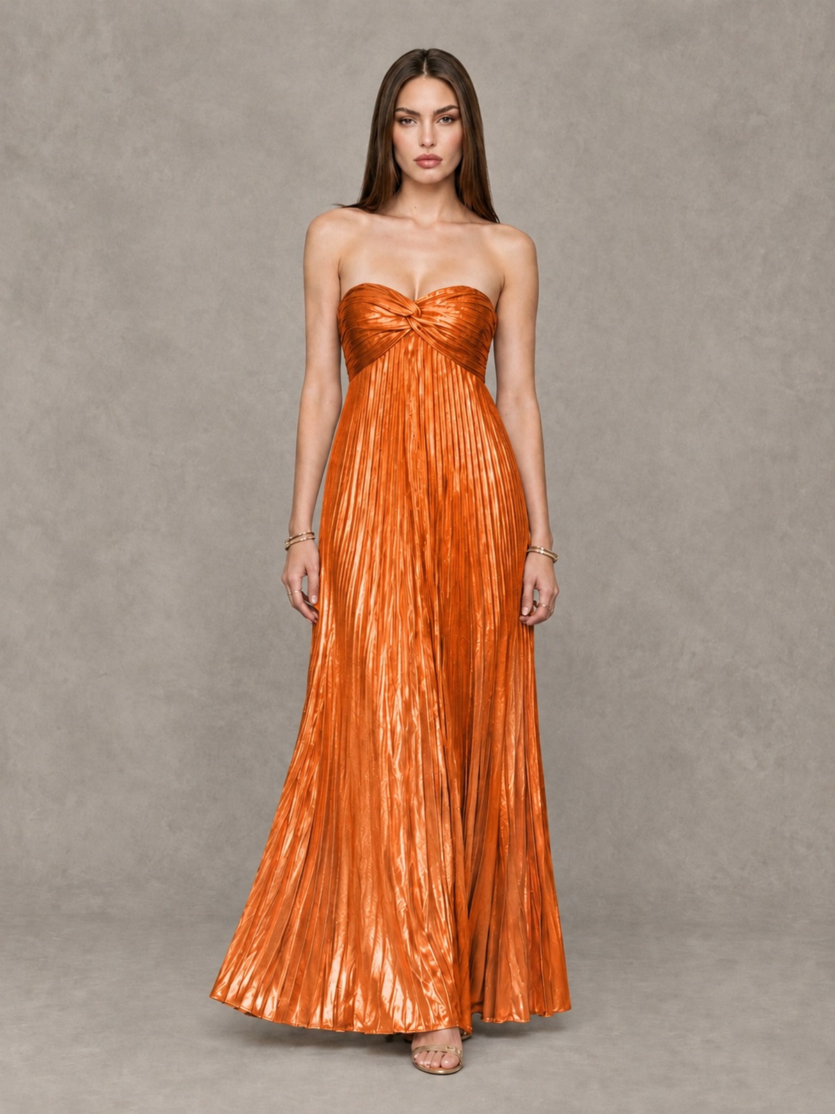 BOLODOO Orange Strapless Sweetheart Metallic Pleated Maxi Dress - Orange - Orange_1
