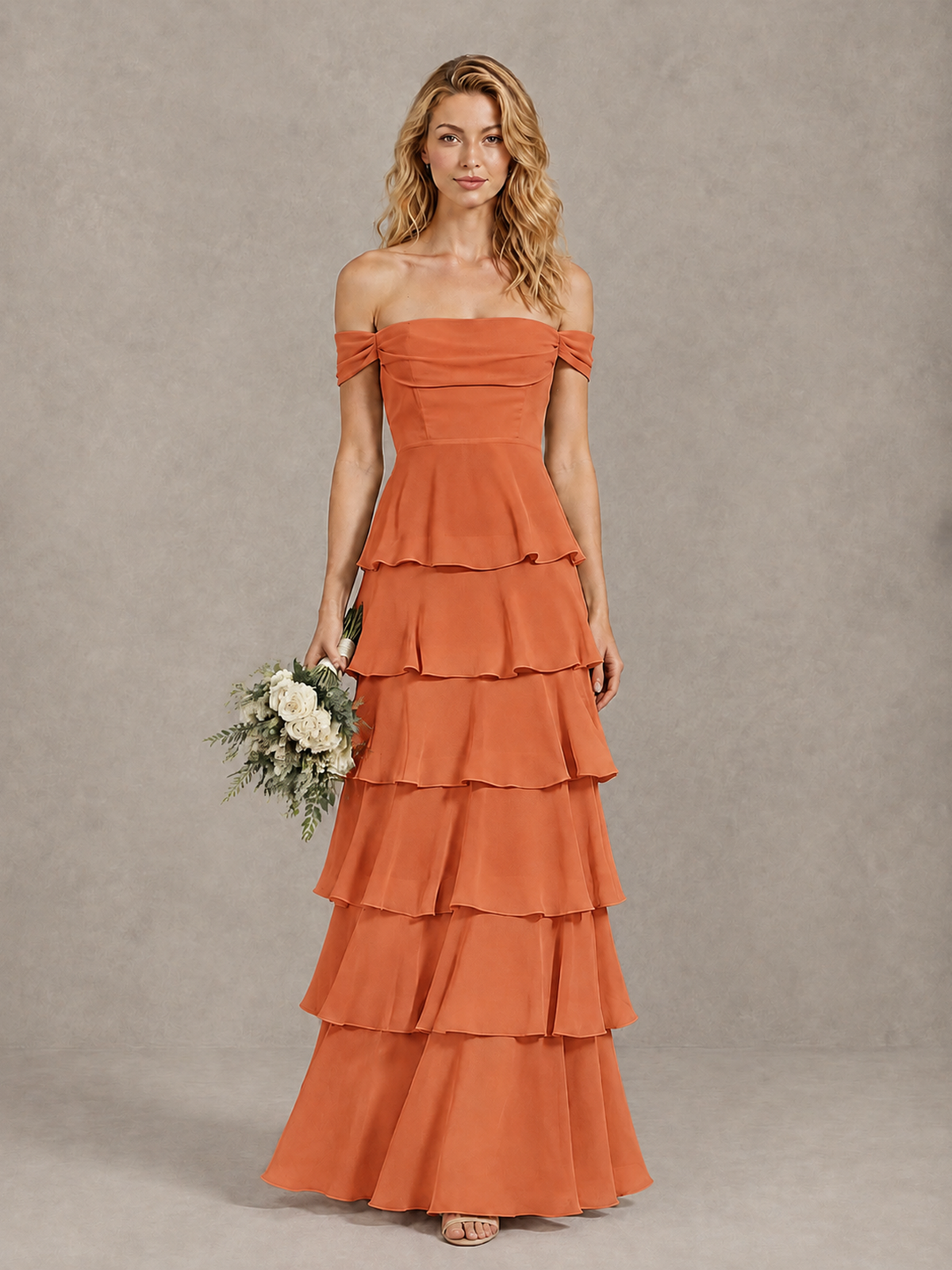 BOLODOO Orange Off-Shoulder Tiered Ruffle Bridesmaid Dress with Lace-Up Back - Orange - Orange_1