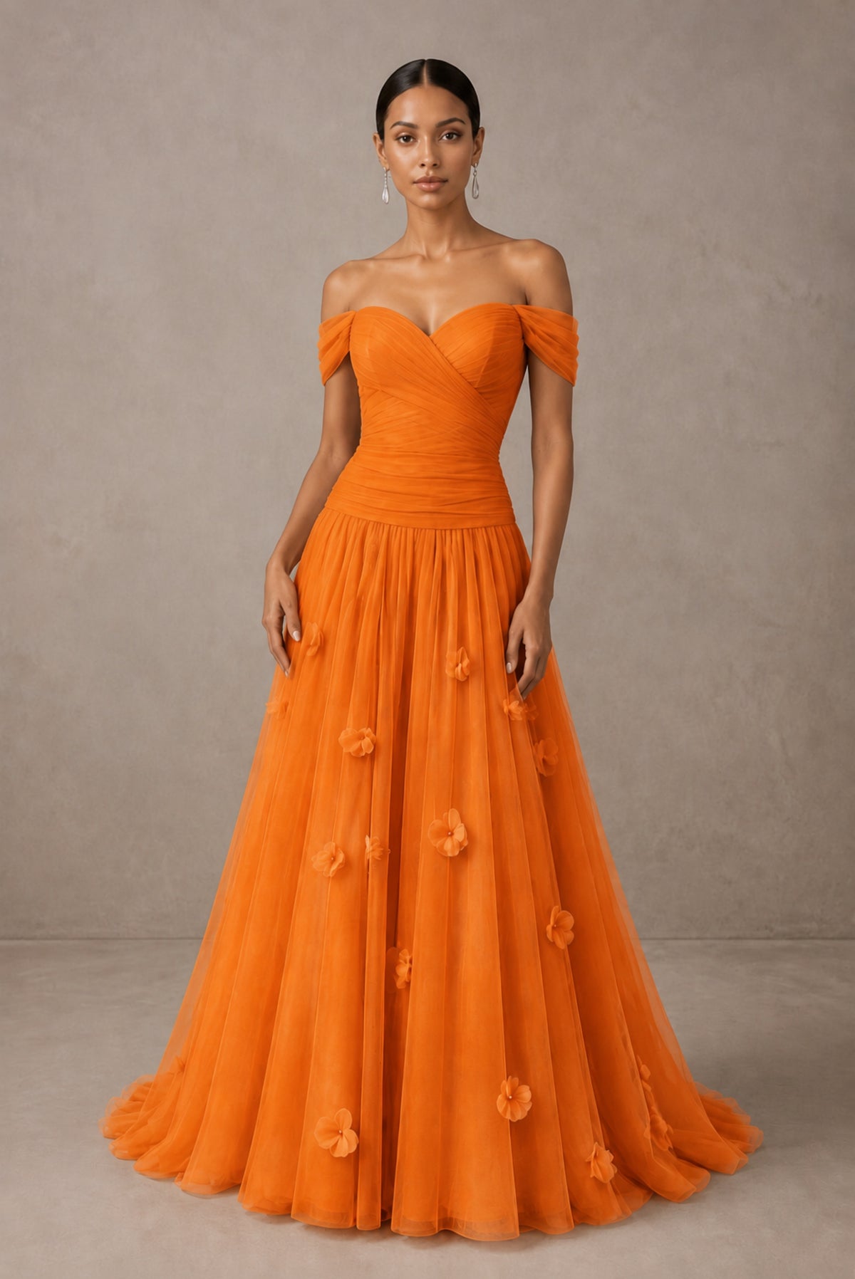Orange Off-Shoulder Sweetheart A-Line Tulle Gown with 3D Floral Appliques | BOLODOO - Orange