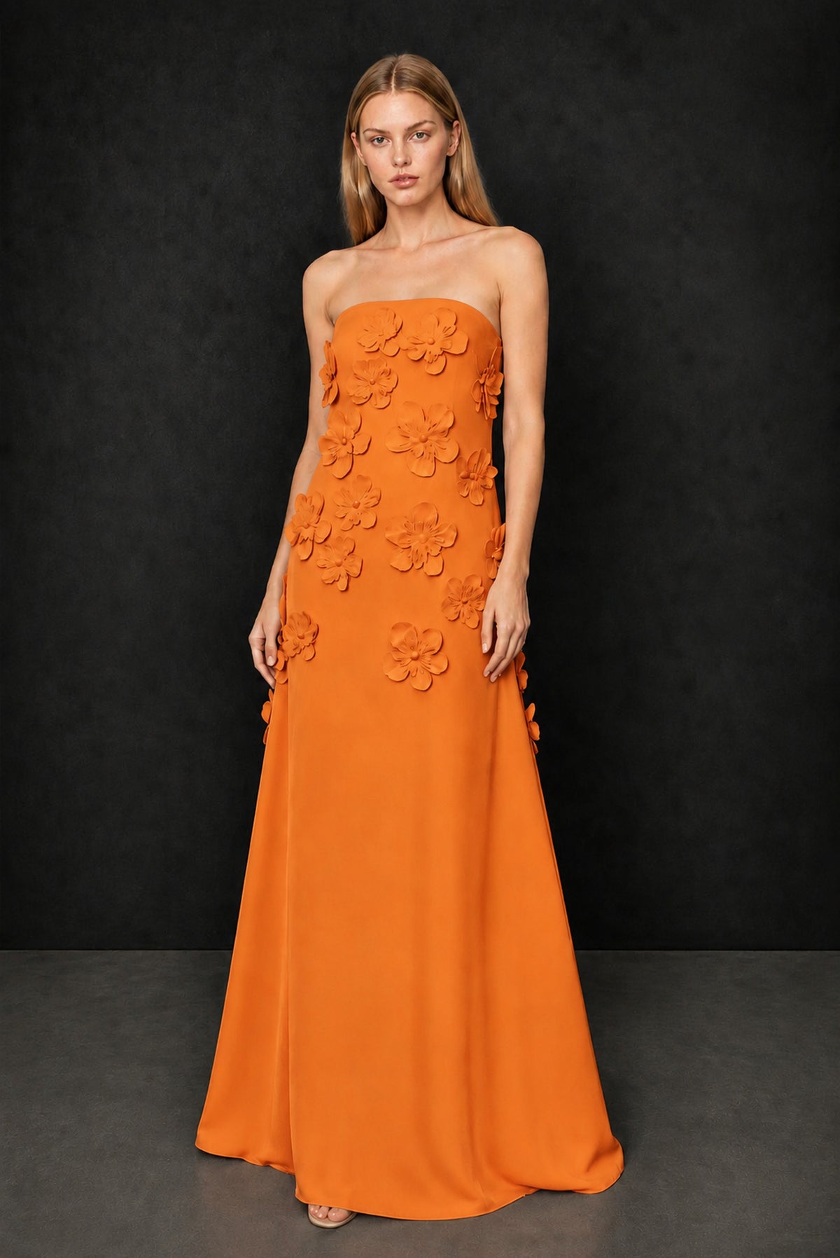 BOLODOO Orange Strapless 3D Floral Appliqué Crepe Maxi Gown - Orange