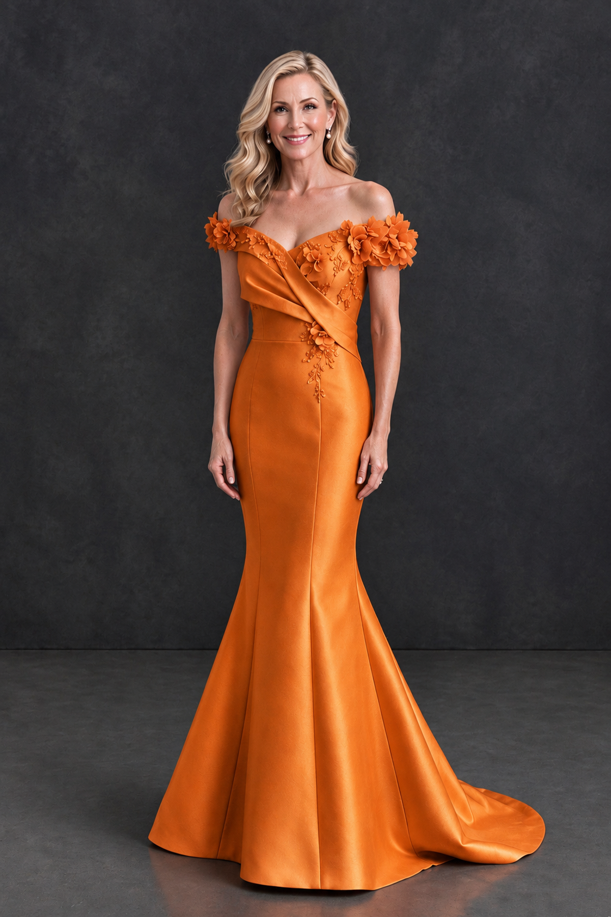 BOLODOO Orange Off-Shoulder Floral Mermaid Mother of the Bride Dress - Orange - Orange_1