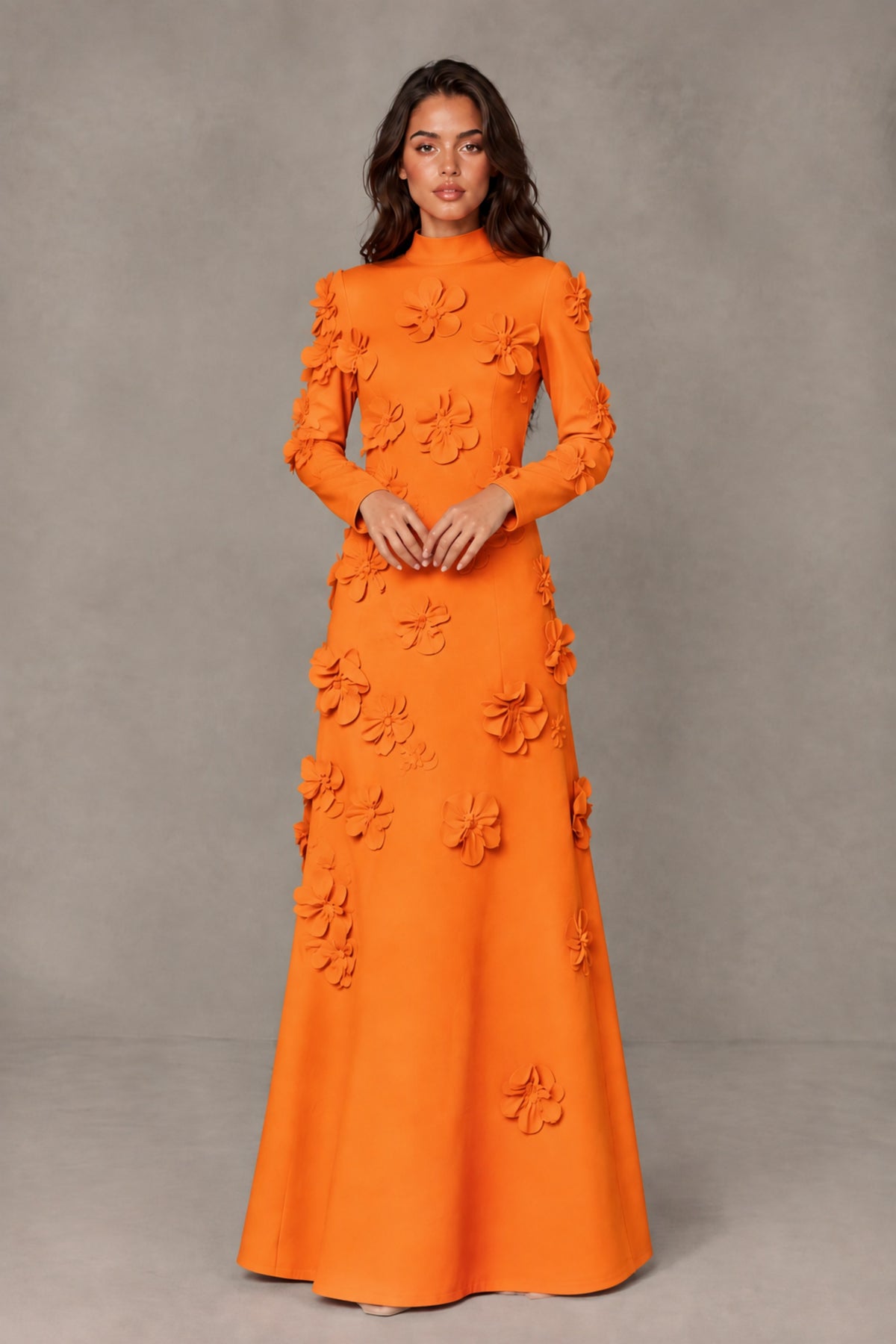 BOLODOO Orange High Neck Long Sleeve 3D Floral Evening Gown - Orange