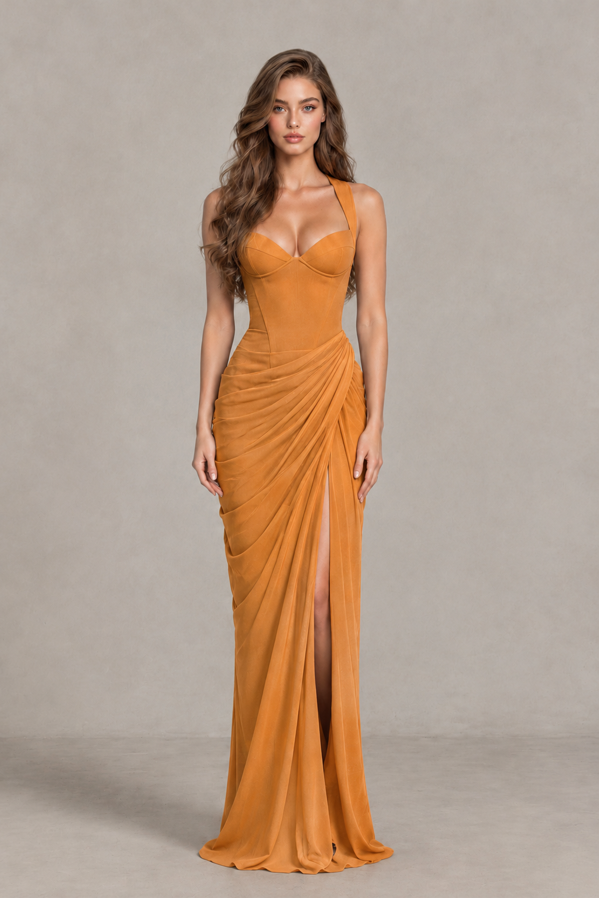 BOLODOO Orange Sweetheart Maxi Dress with High Slit - Orange - Orange_1