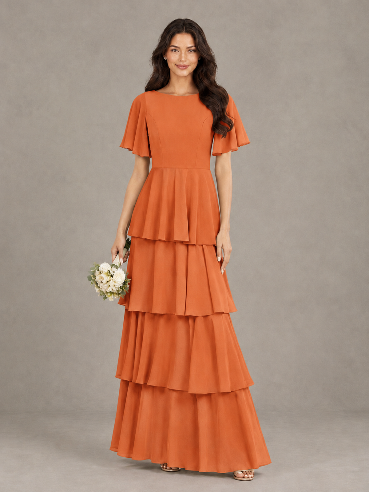 BOLODOO Orange Tiered Flutter Sleeve Bridesmaid Dress - Orange - Orange_1