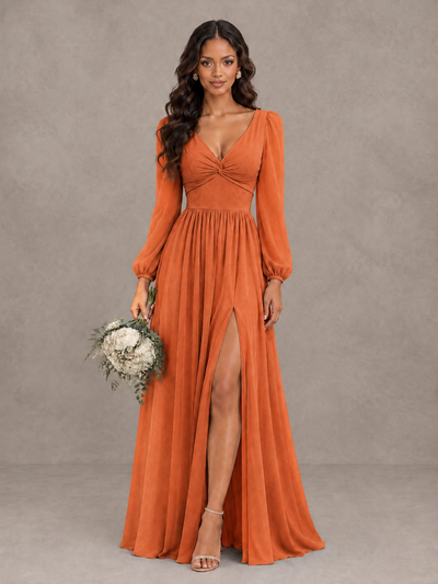BOLODOO Orange V-Neck Long Sleeve Bridesmaid Dress with Tie Back and Slit - Orange - Orange_1