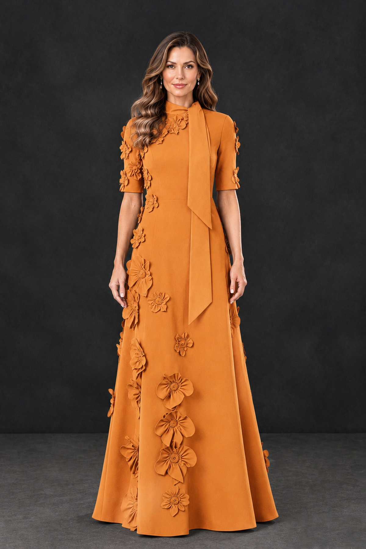 BOLODOO Orange Floral Applique High-Neck Half-Sleeve Gown - Orange - Orange_1