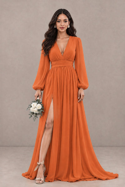 BOLODOO Orange Long Sleeve V-Neck A-Line Gown with Open Back & Slit - Orange - Orange_1