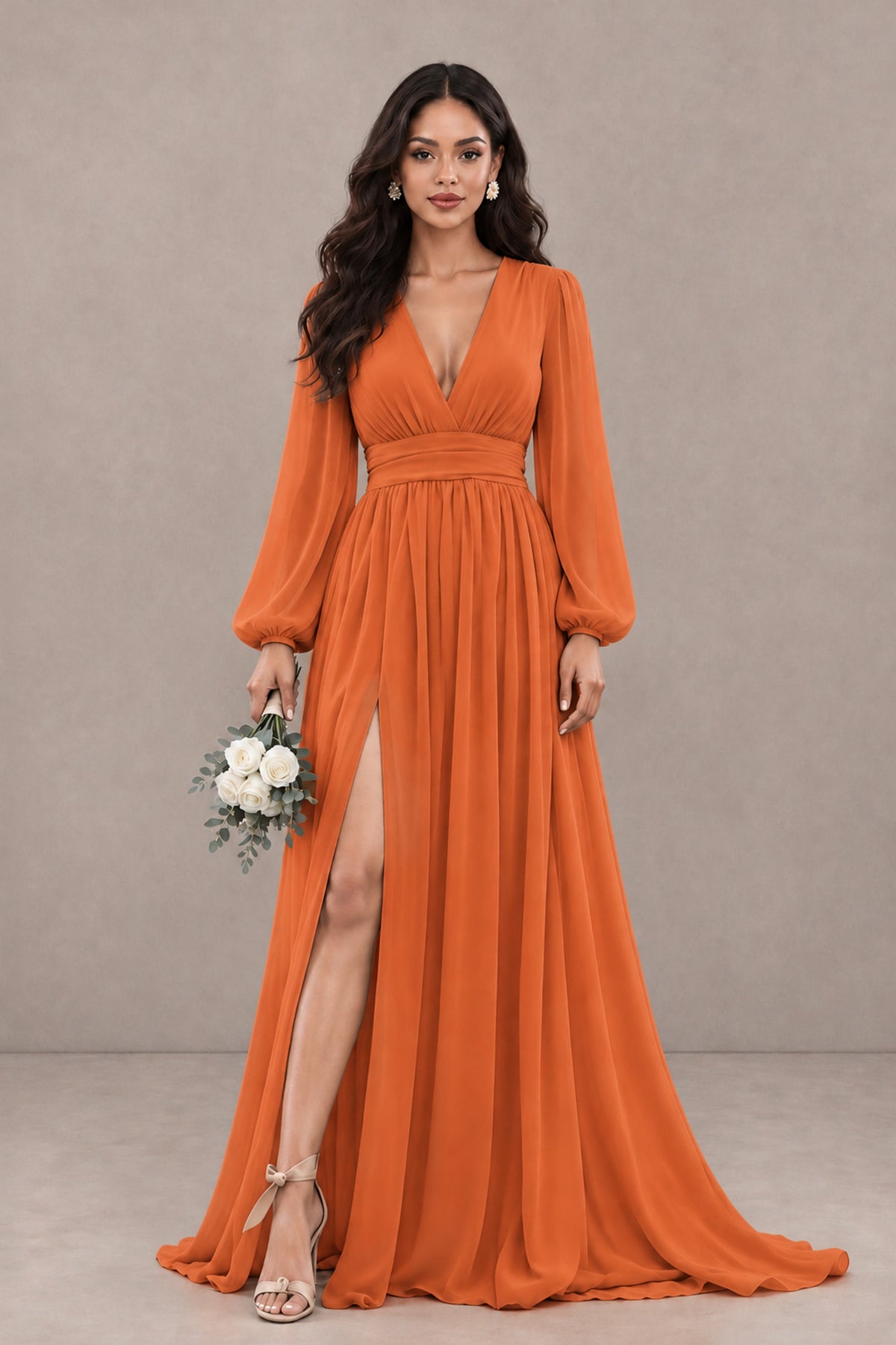 BOLODOO Orange Long Sleeve V-Neck A-Line Gown with Open Back & Slit - Orange - Orange_1