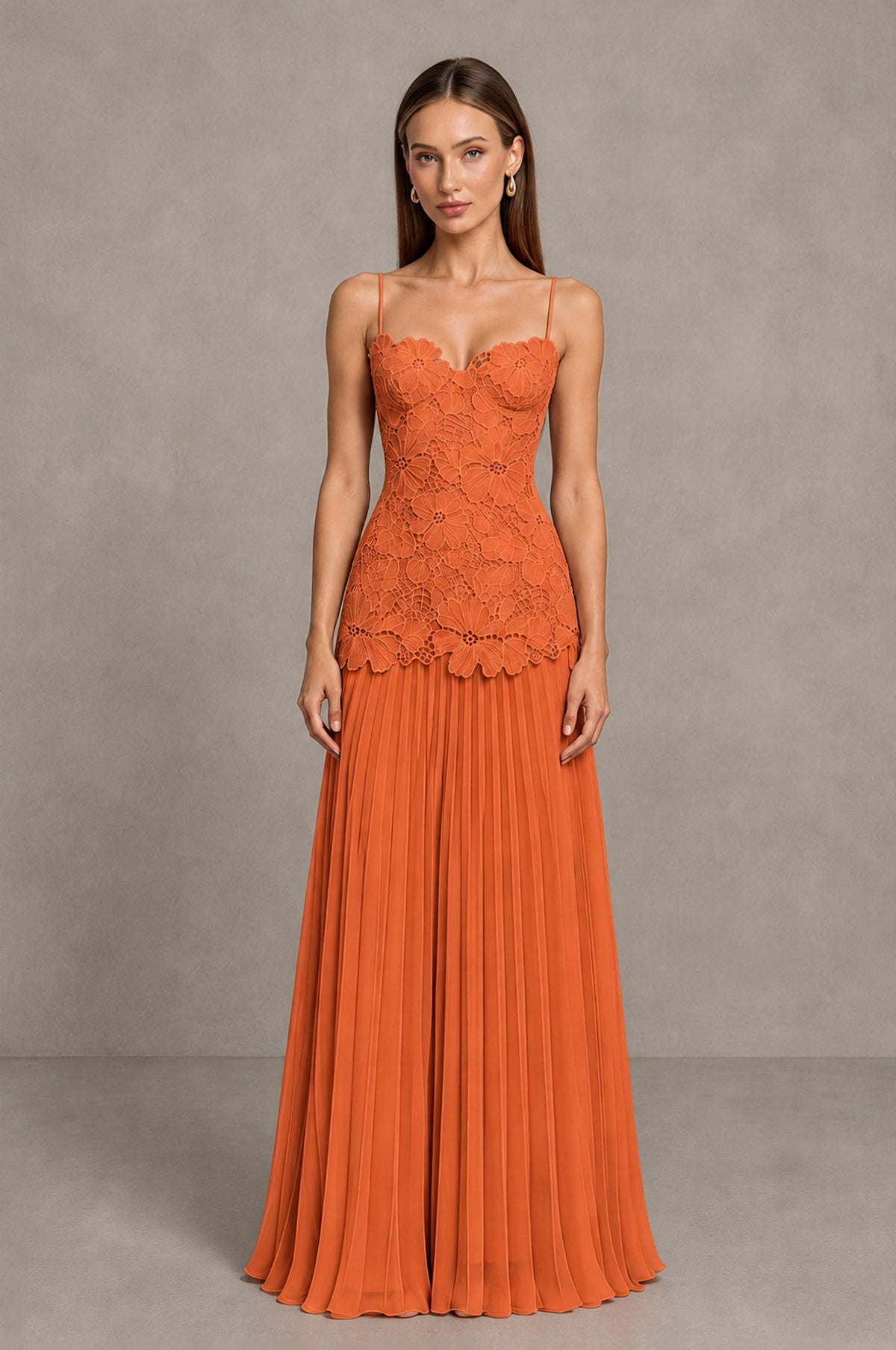 BOLODOO Orange Lace Bodice Pleated Wedding Guest Dress - Orange - Orange_1