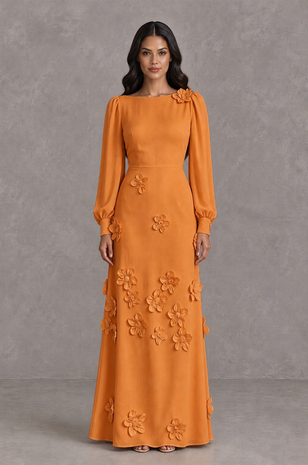 BOLODOO Orange Long Sleeve Floral Applique A-Line Evening Dress - Orange - Orange_1