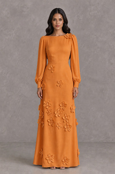 BOLODOO Orange Long Sleeve Floral Applique A-Line Evening Dress - Orange - Orange_1
