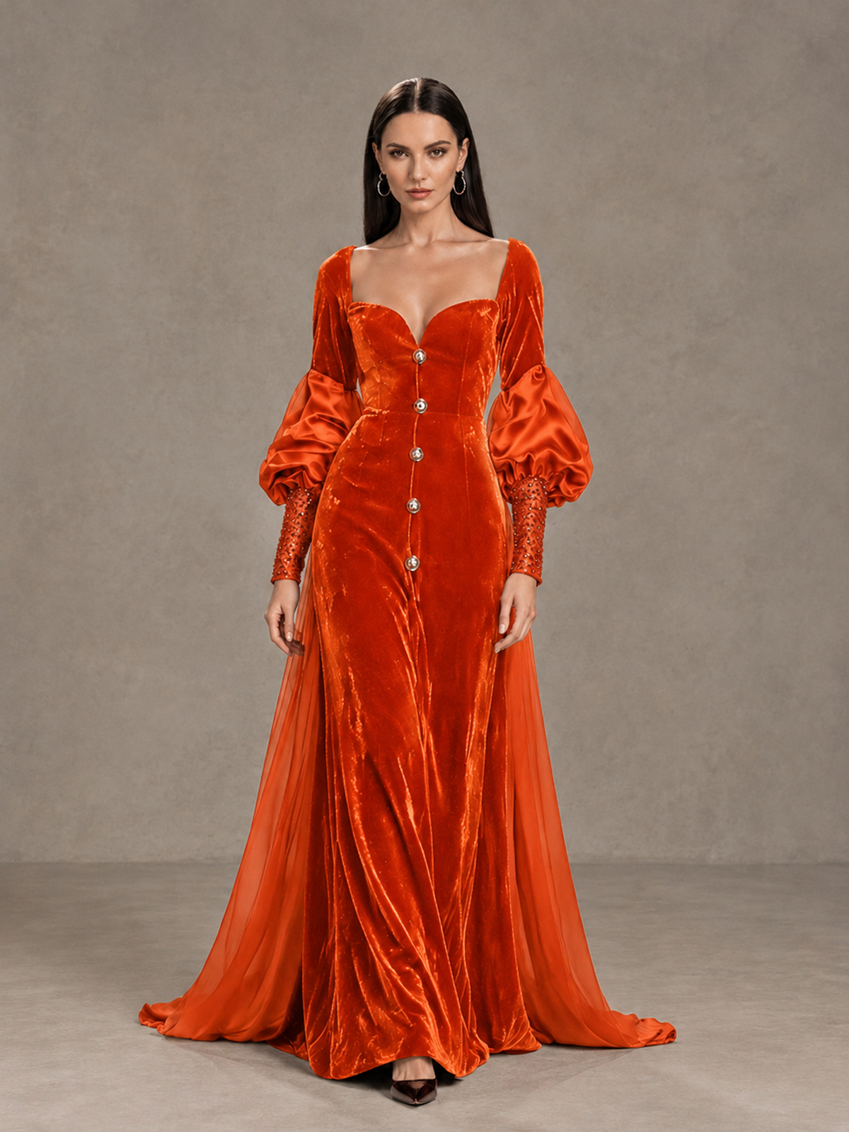 BOLODOO Orange Velvet Long Sleeve Open-Back Evening Gown - Orange - Orange_1
