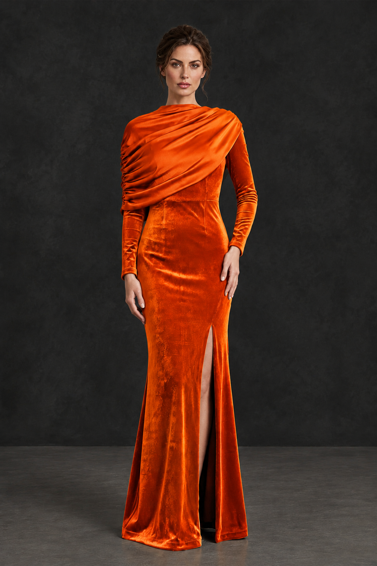 BOLODOO Orange Velvet Long Sleeve Draped Mother of the Bride Dress - Orange - Orange_1
