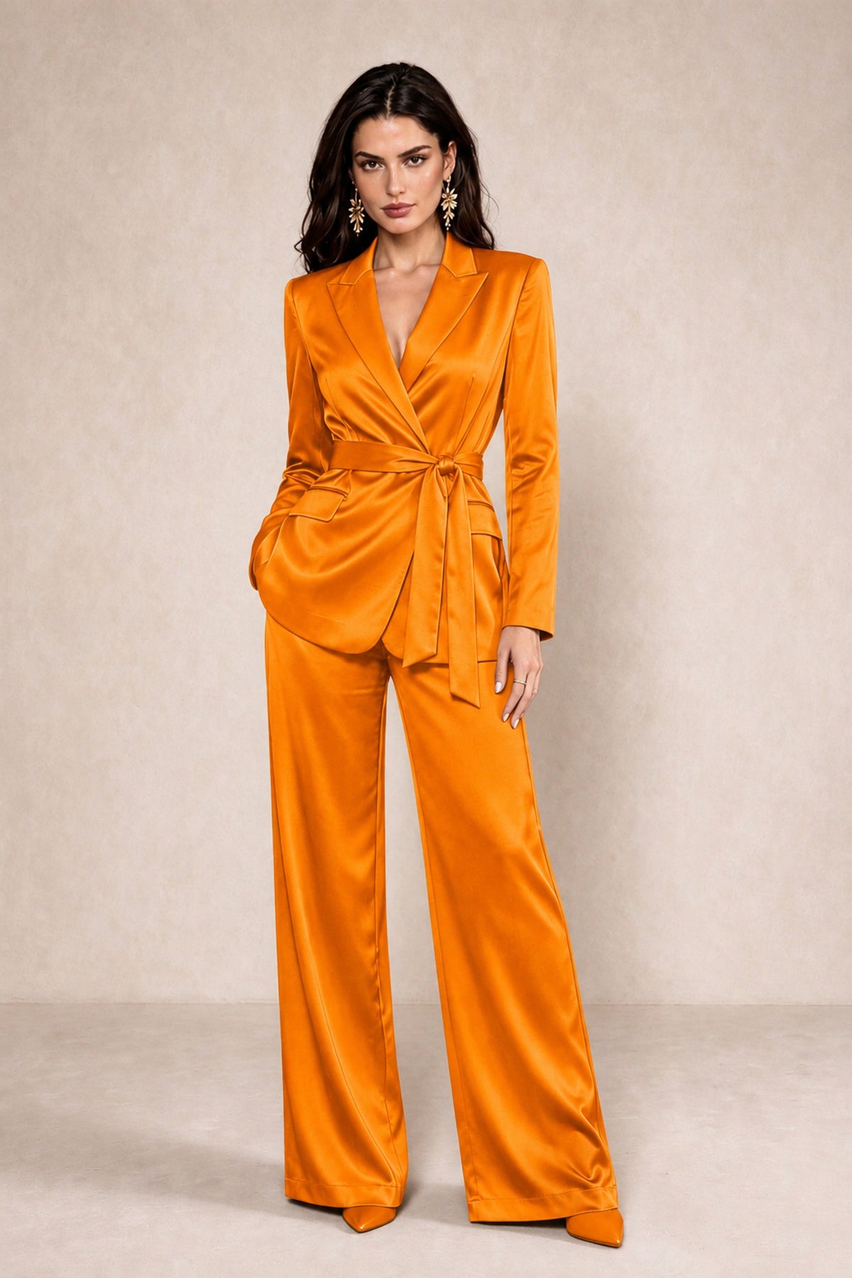 BOLODOO Orange Satin Wrap Blazer Wide-Leg Pants Two-Piece Suit Set – Evening Gala Wedding Guest - Orange - Orange_1