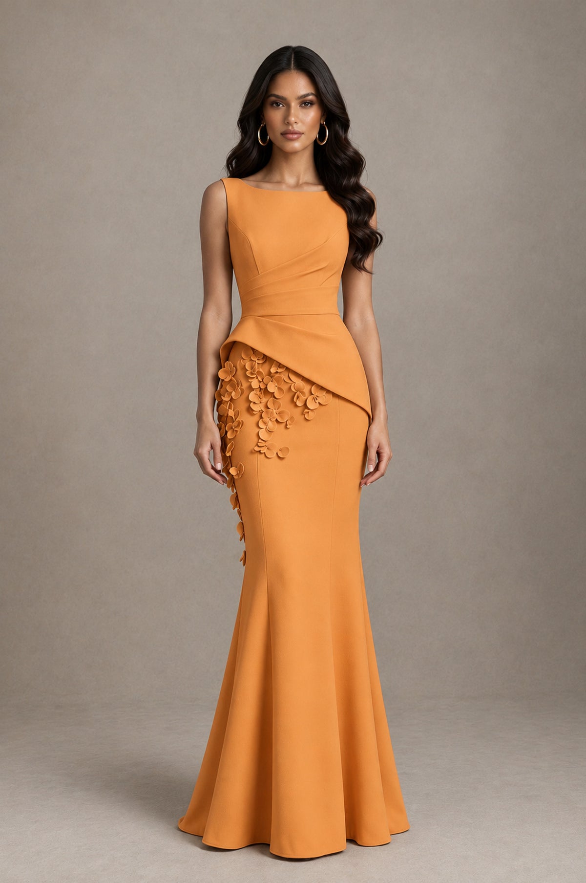 BOLODOO Orange Bateau Neck Sleeveless Asymmetric Peplum 3D Petal Appliqué Mermaid Gown BD0421 - Orange - Orange_1