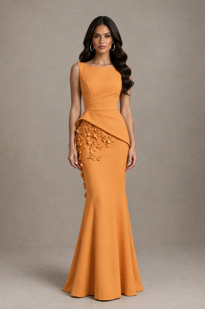 BOLODOO Orange Bateau Neck Sleeveless Asymmetric Peplum 3D Petal Appliqué Mermaid Gown BD0421 - Orange - Orange_1