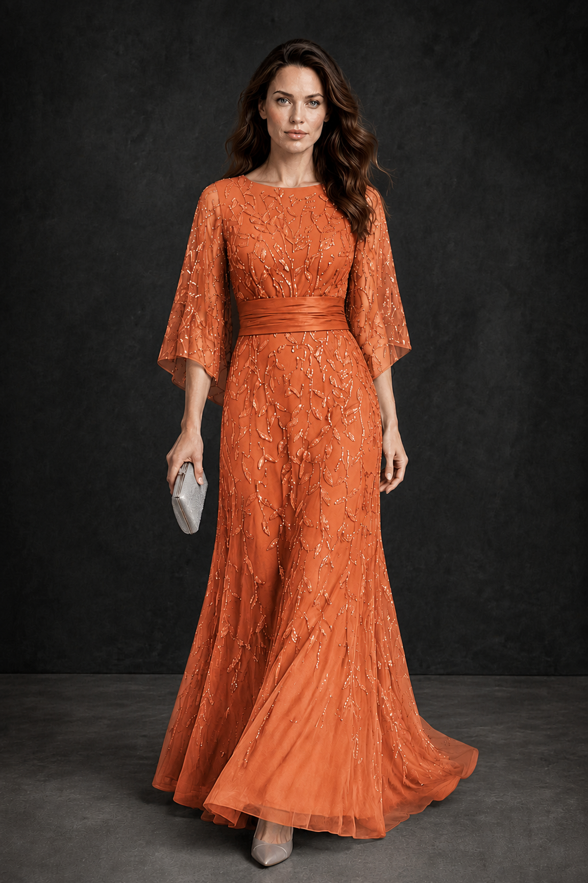 BOLODOO Orange Bateau Neck Bell Sleeve Sequin Embroidered Satin Waist A-Line Maxi Dress - Orange - Orange_1