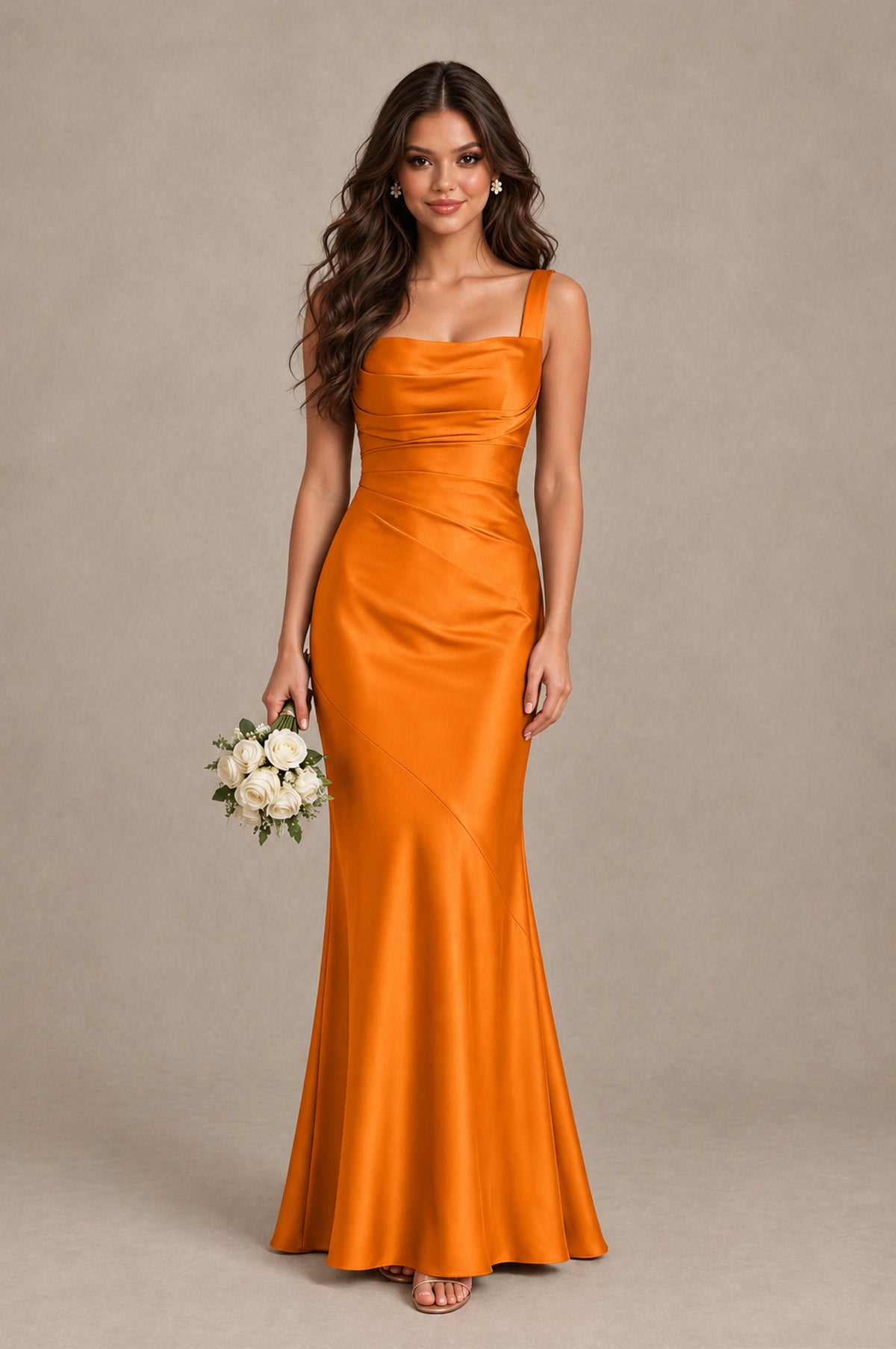 BOLODOO Orange Square Neck Ruched Satin Lace-Up Bridesmaid Dress - Orange - Orange_1