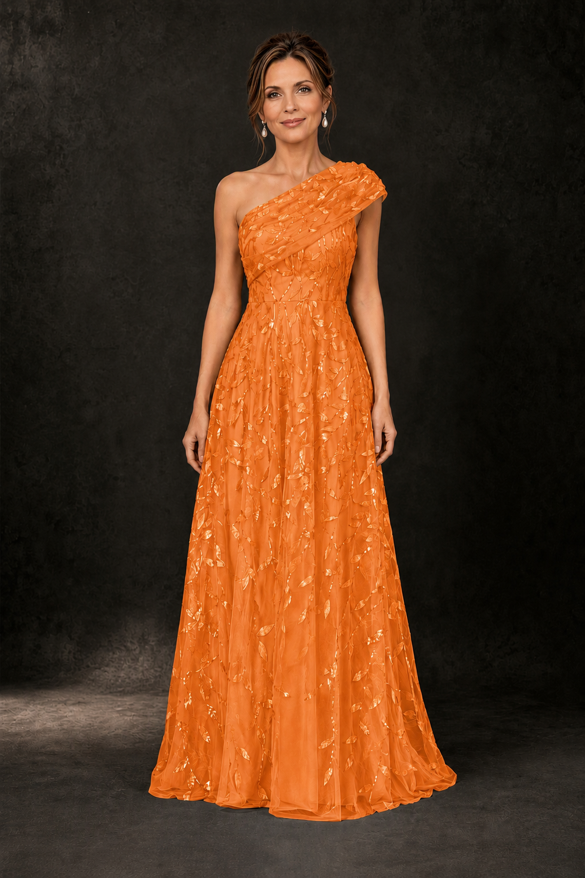 BOLODOO Orange Leaf Sequin One-Shoulder A-Line Maxi Gown – Mother of the Bride & Formal Evening Dress - Orange - Orange_1