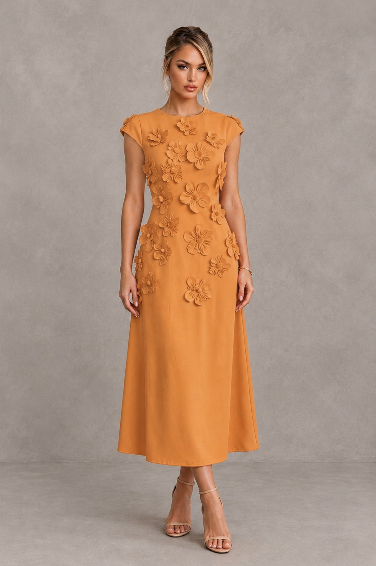 BOLODOO Orange 3D Floral Cap Sleeve Midi Cocktail Dress - Orange - Orange_1