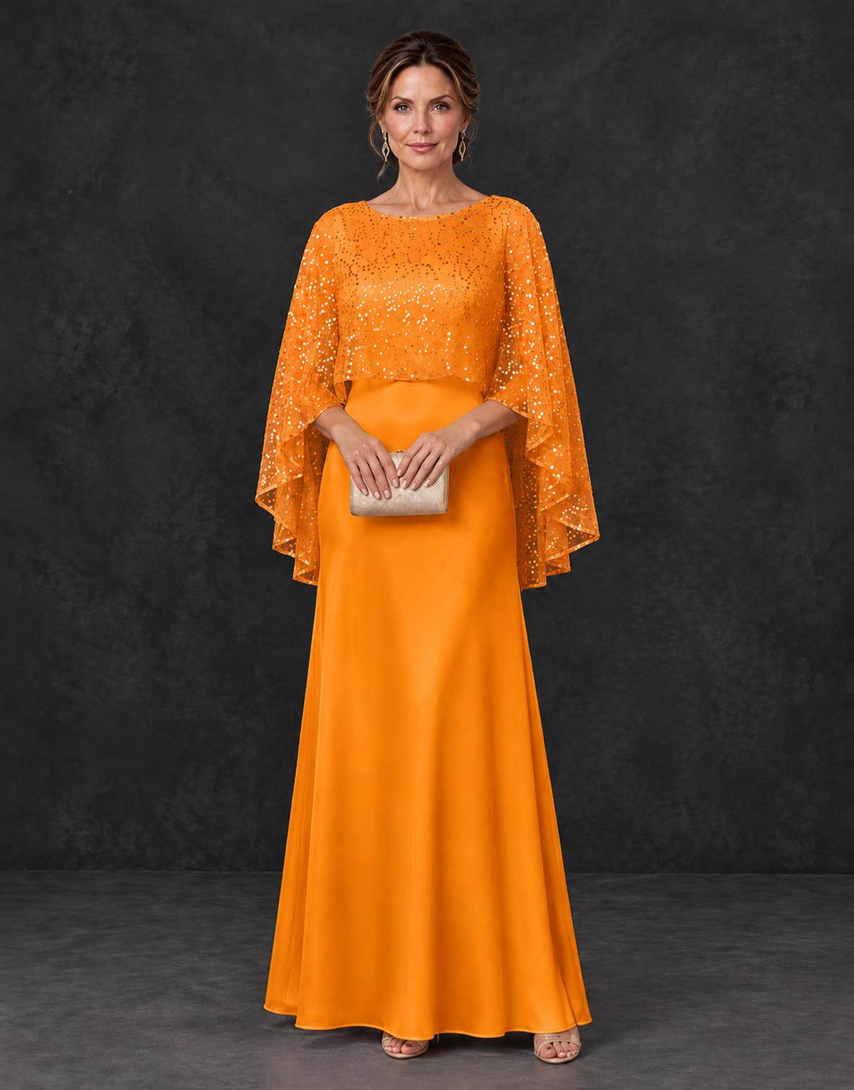 BOLODOO Orange Sparkle Cape Sleeve Mother of the Bride Dress - Orange - Orange_1